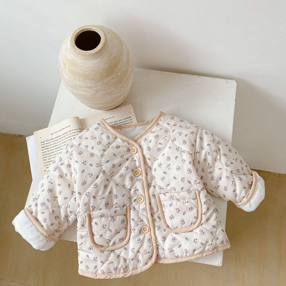 Vadderad jacka – LieveLot Flickor, Blommönster, Beige, Bomull, Storlek 0–3 år