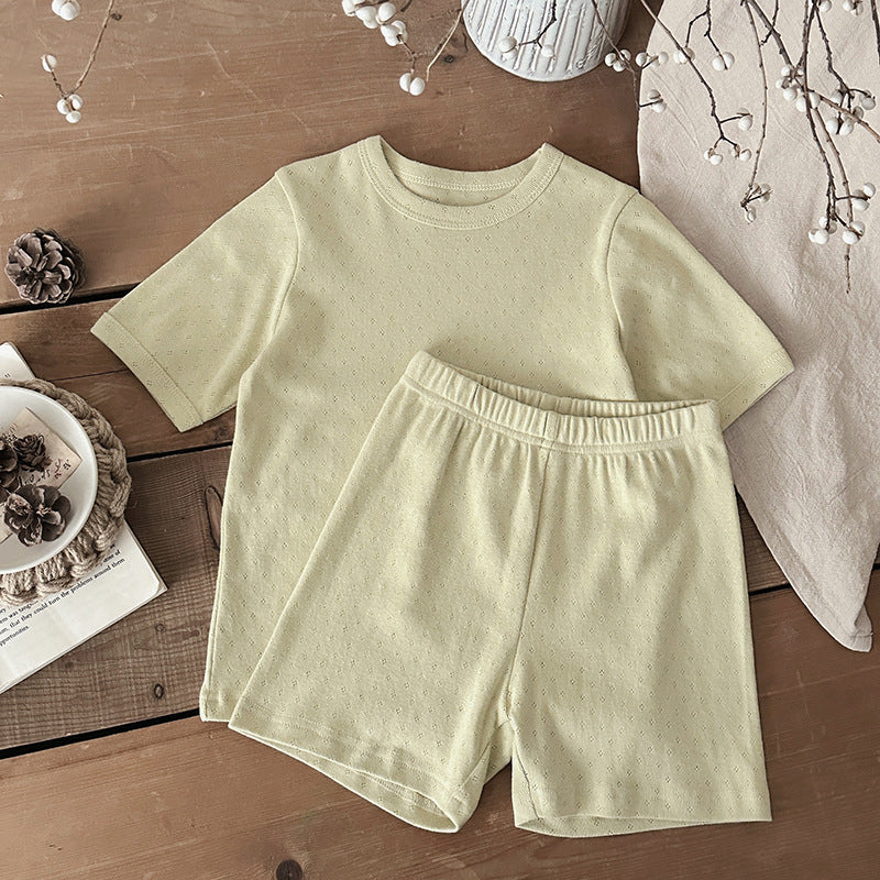 Unisex sommarset i ribbad bomull för baby och småbarn – T-shirt + shorts – Bomull – Little Loom – Gul, Grå, Blå, Rosa, Grön – Storlek 0–4 år