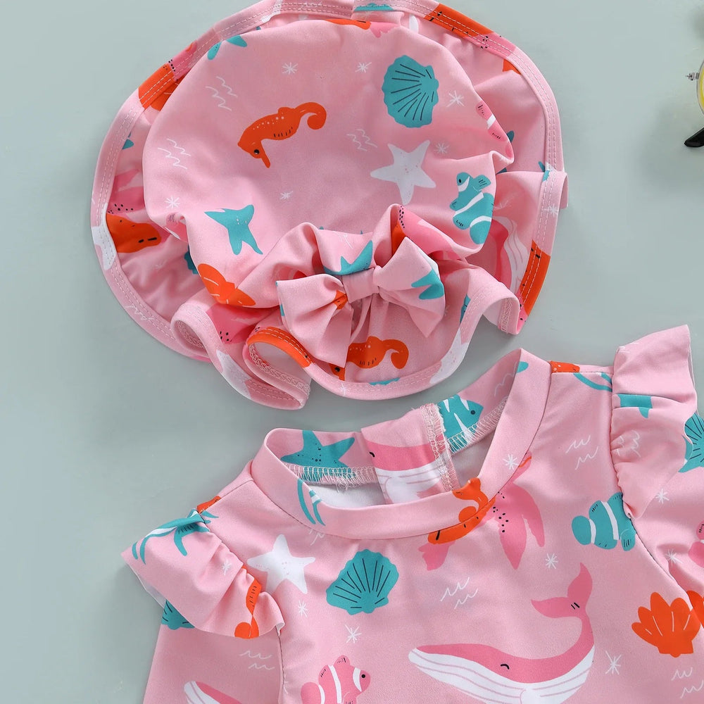 Baby Flicka UV Baddräkt med Solhatt – Långa Ärmar | 6M-3 år