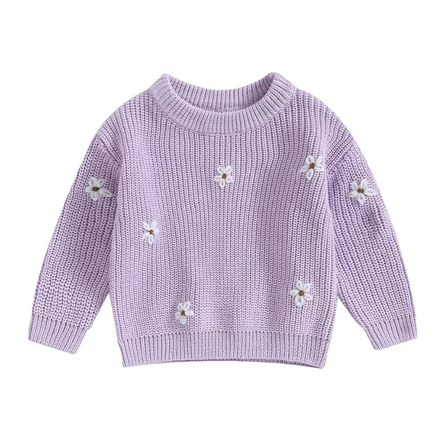 Stickad Tröja med Blommor – Flickor, Beige/Grön/Grå/Lila/Rosa, Bomull, Storlek 0–6 år