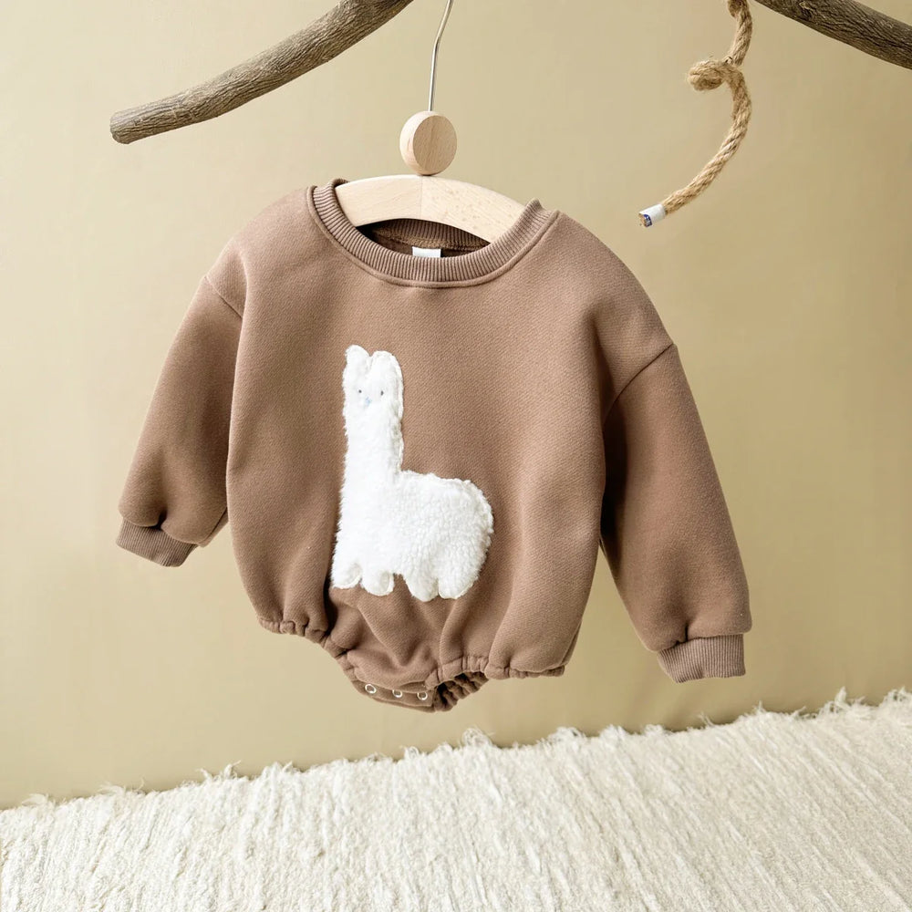 Bodysuit Romper med Lamamönster – Baby, Beige/Brun, Bomull, Storlek 0–1,5 år