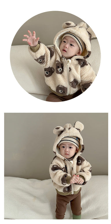 Teddy fleeceväst med öron – Björn Unisex, Beige/Brun, Storlek 0–3 år