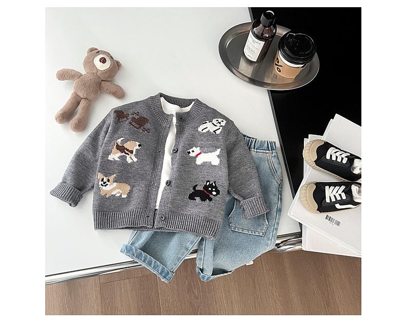 Stickad Kofta med Hundmotiv – Puppy Love Unisex, Grå, Bomull, Storlek 0–4 år
