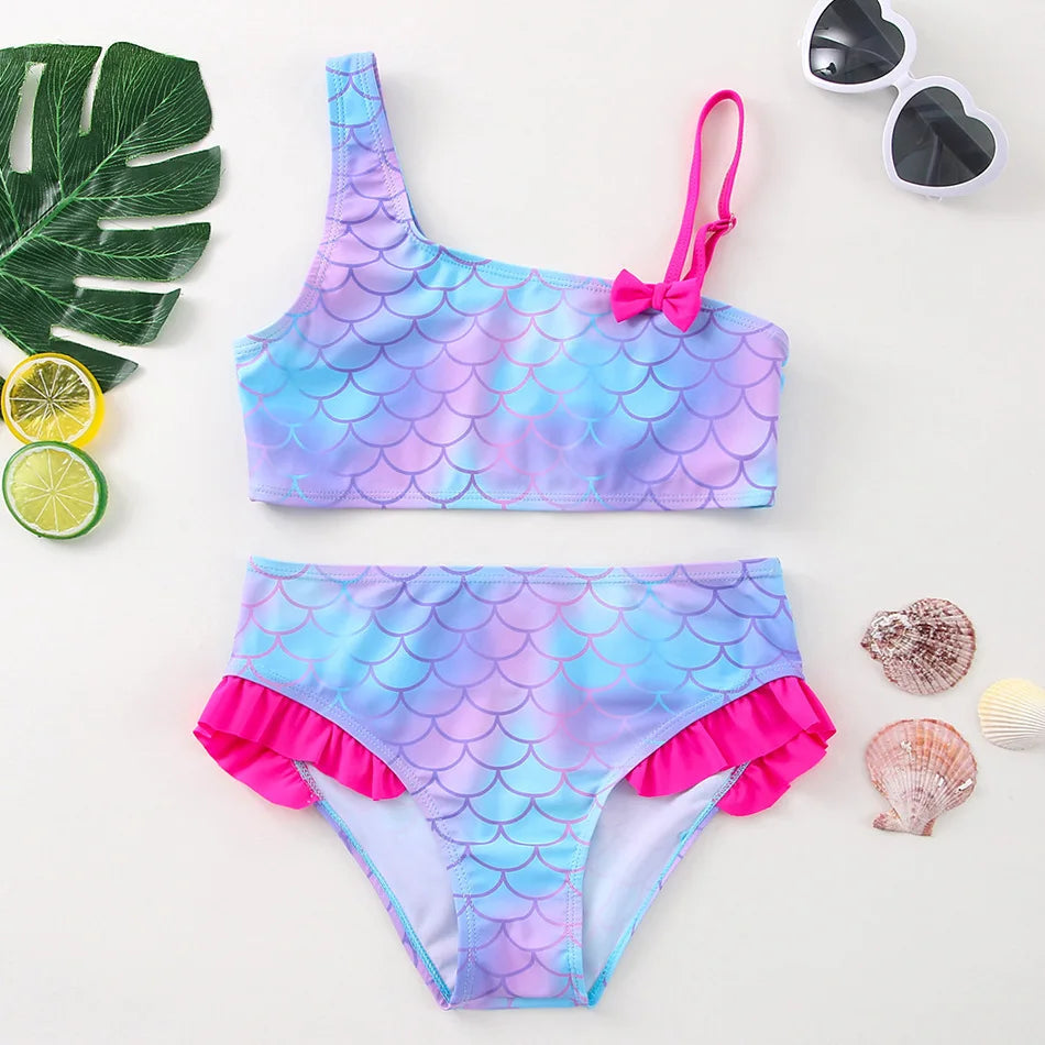 Flickor Tankini Baddräkt Sjöjungfruprint – Sommarstrandkläder | 3-12 år