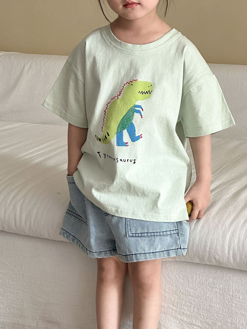 T-shirt med Dinosaurieprint – Baby, Småbarn, Förskolebarn, Grön/Grå/Beige/Rosa, Bomull, Storlek 0–8 år