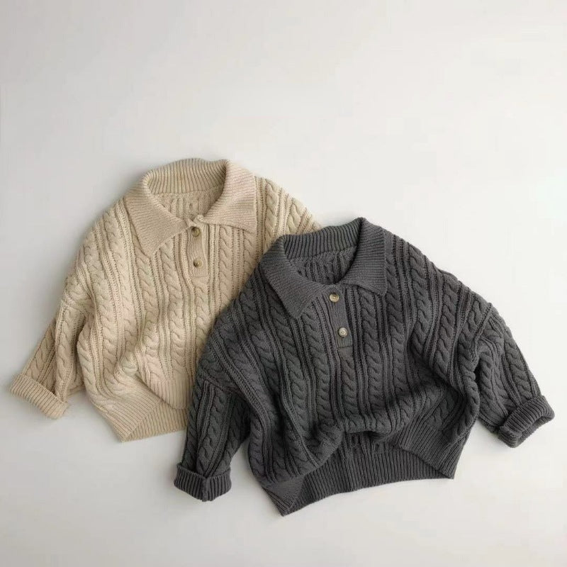 Stickad Tröja med Flätmönster – Pyi Unisex, Beige/Grå, Bomull, Storlek 0–6 år
