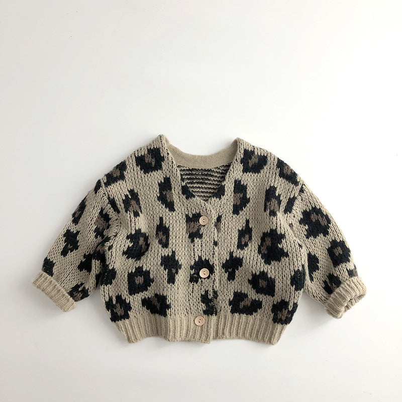 Stickad Kofta med Leopardmönster – Flicka, Beige/Lila, Bomull, Storlek 0–6 år