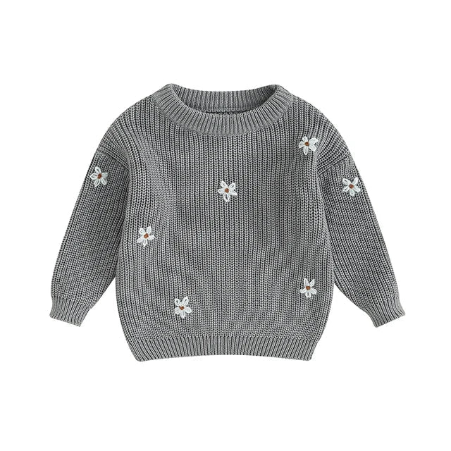 Stickad Tröja med Blommor – Flickor, Beige/Grön/Grå/Lila/Rosa, Bomull, Storlek 0–6 år