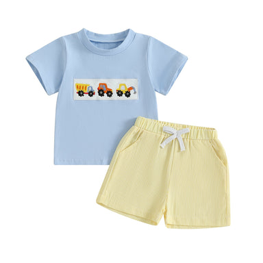 MiniMachines Sommerset för Pojkar | T-shirt med Byggfordon & Randiga Gula Shorts | Bomull & Polyester | 0–4 År | Bekväm Sommaroutfit