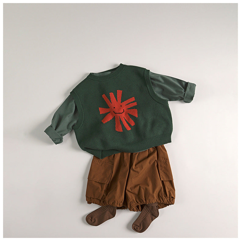 Stickad Ärmös Tröja – CozyArt Unisex, Grön/Svart, Bomull, Storlek 0–6 år