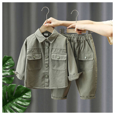 Set med Byxa och Tröja – Little Explorer Unisex, Beige/Grön, Bomull, Storlek 0–7 år
