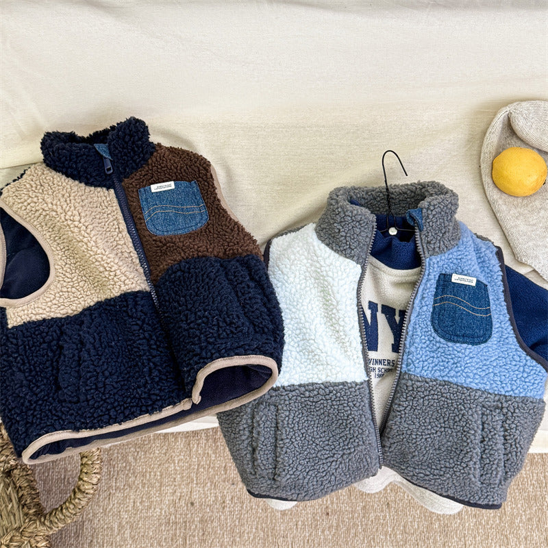 Fleeceväst – Cozypocket Väst Unisex, Blå/Grå, Bomull, Storlek 0–6 år