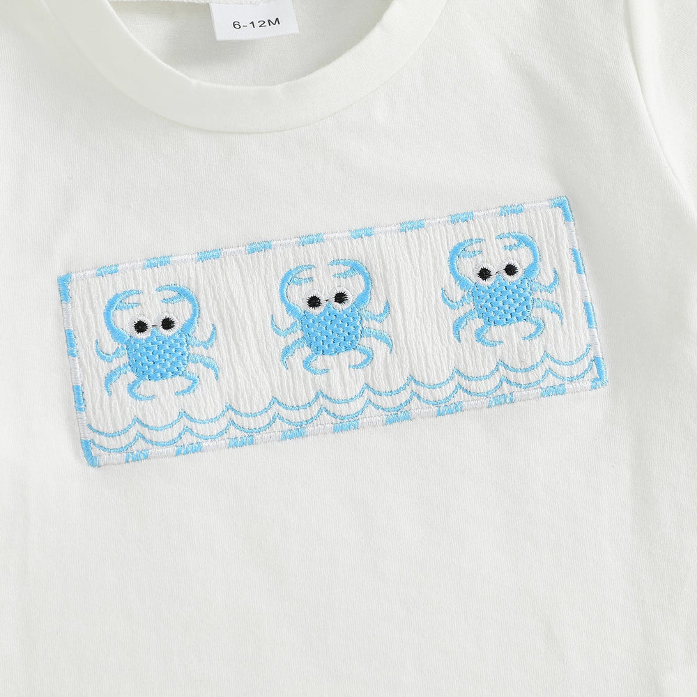 CrabbyCool Sommarsätt för Baby & Småbarn | T-shirt med Krabbor & Rutig Shorts | Bomull & Polyester | 6 mån–4 år | Vit & Blå