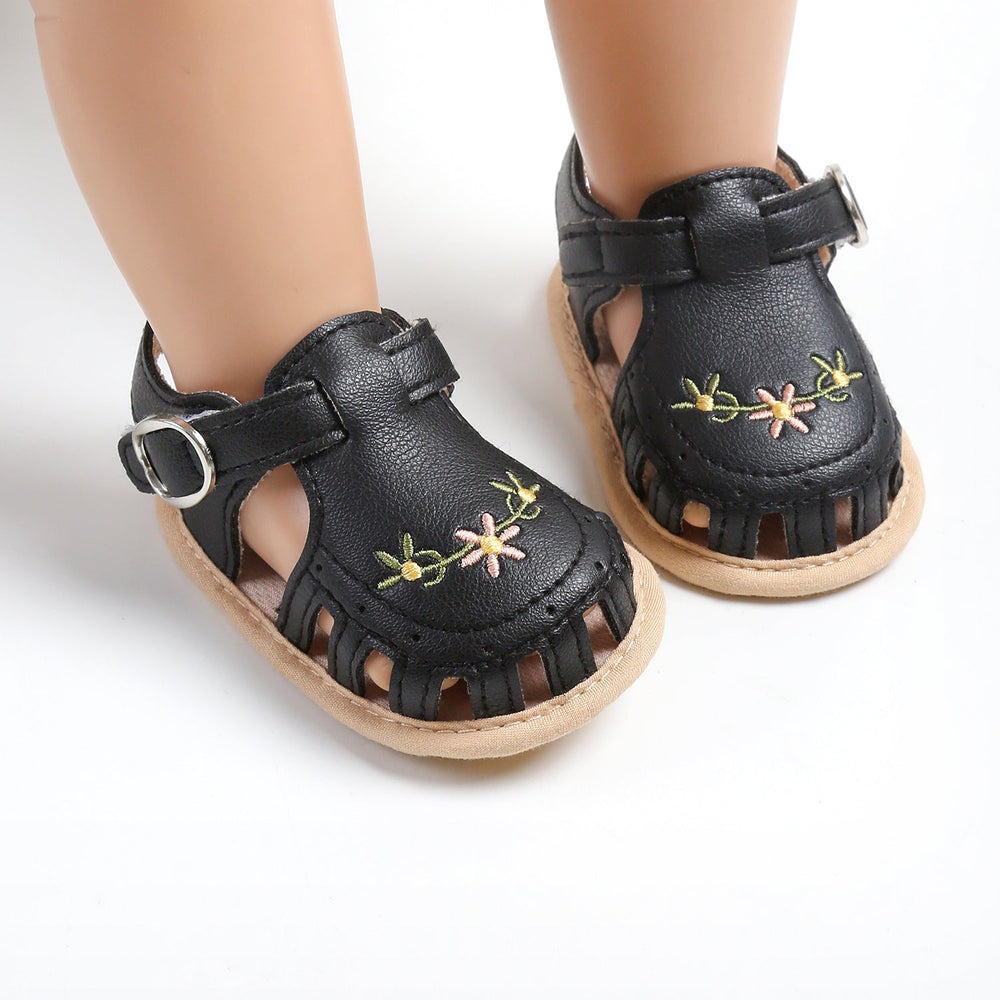 Babysandaler med Blombroderi – Little Steps Flickor, Svart/Rosa/Beige/Grön/Vit, Storlek 0–2 år