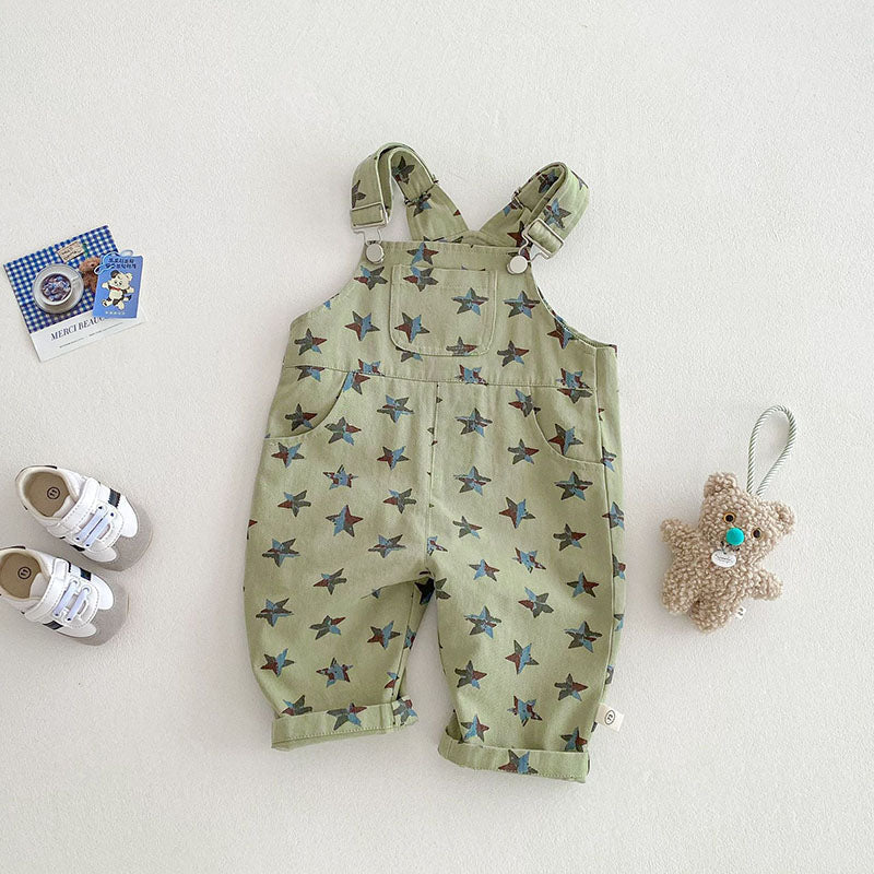 Hängselbyxa med Stjärnor – Stjärnfångare Unisex, Beige/Grön, Bomull, Storlek 0–5 år