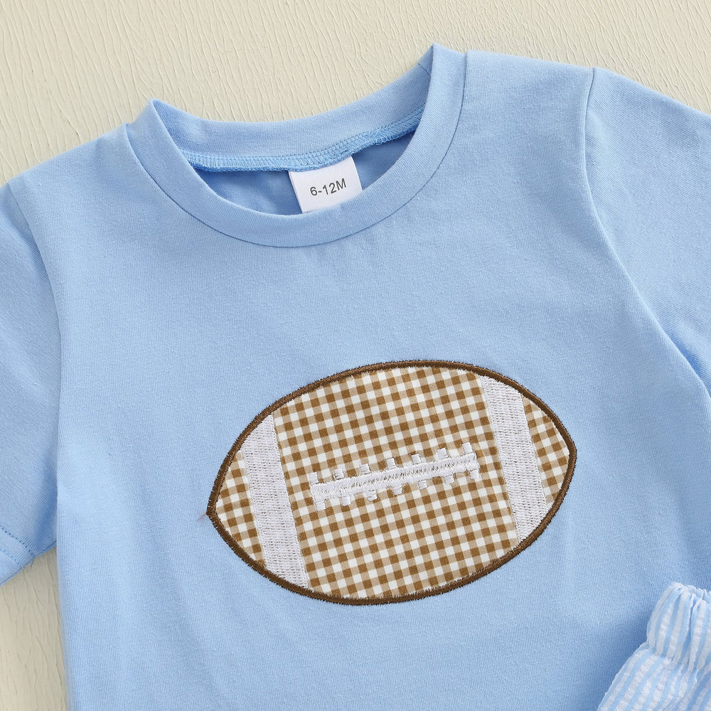 Touchdown Sommerset för Pojkar | T-shirt med Rugbyboll & Ljusblå Shorts | Bomull & Polyester | 6 mån–4 år | Sportig Babyoutfit