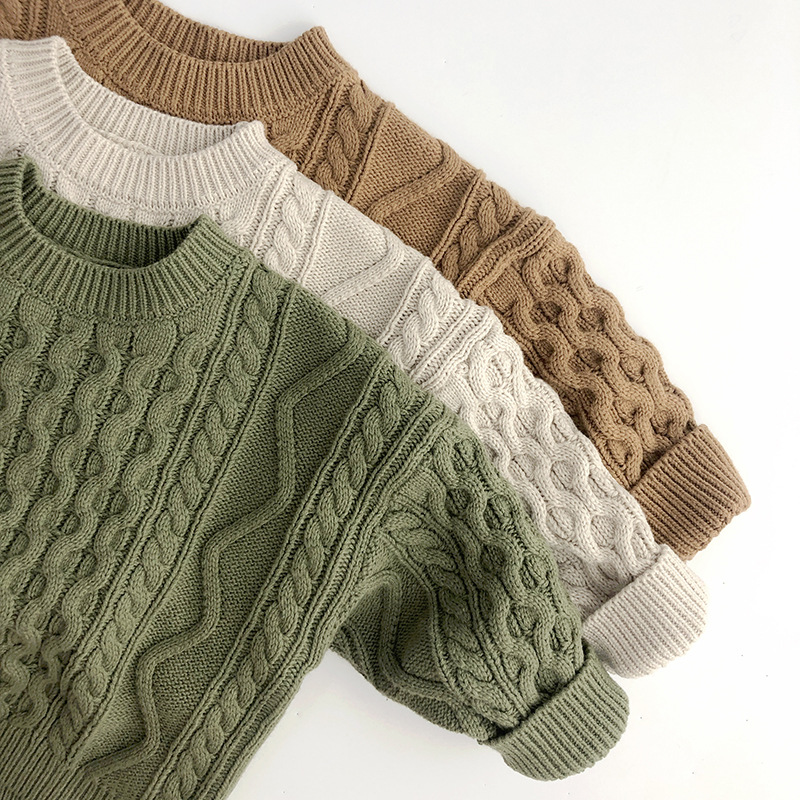 Stickad Tröja med Flätmönster – Pyong Unisex, Brun/Grön/Beige, Bomull, Storlek 0–6 år