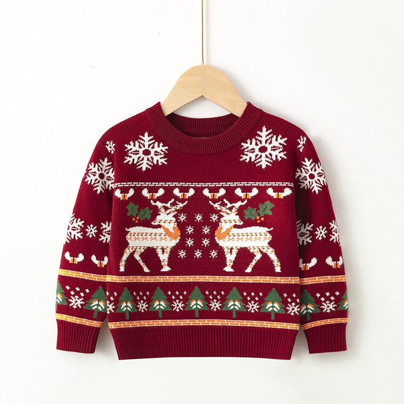 Jultröja med Renar och Snöflingor – Unisex, Röd/Blå, Bomull, Storlek 1–6 år