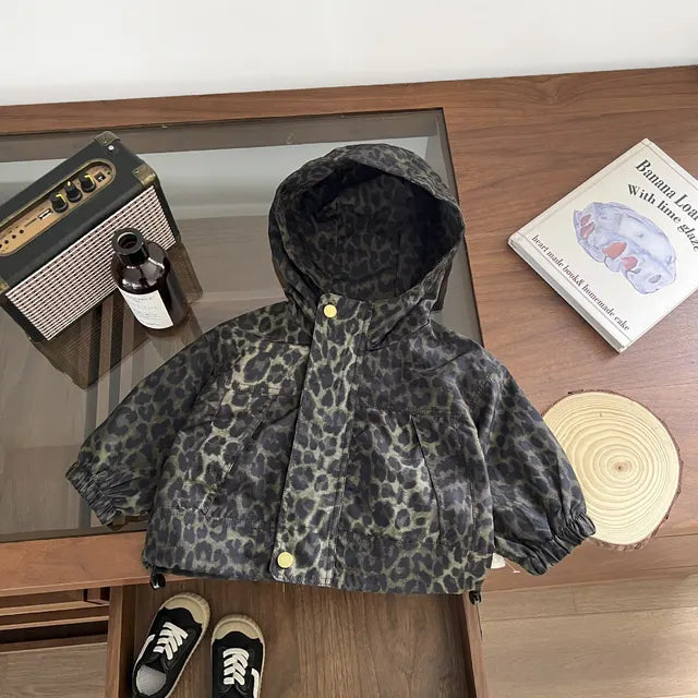 Vindjacka med Leopardmönster och Huvud – Savanna Flickor, Brun/Svart, Polyester, Storlek 0–5 År
