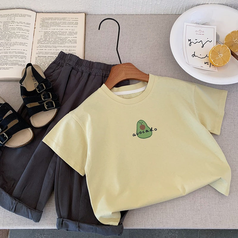 T-shirt med avokadotryck – Småbarn, Förskolebarn, Barn, Vit/Gul, Bomull, Storlek 2–7 år