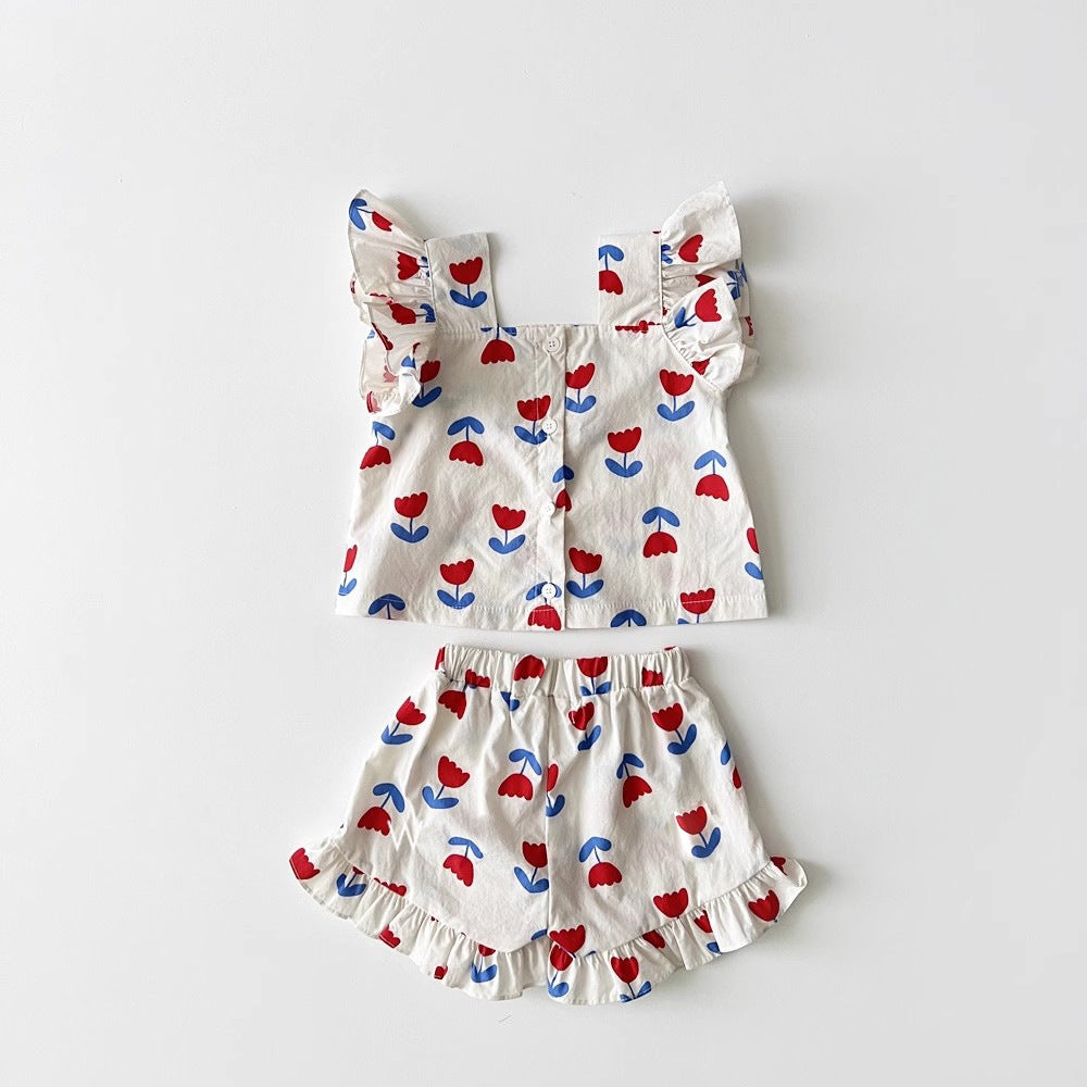 Lulu & Leaf Sommarset Flicka – 2-delad Bomullsoutfit med Volanger & Tulpanmönster (0–5 år)