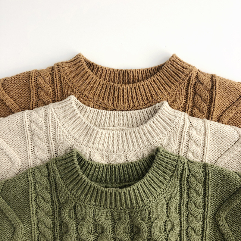 Stickad Tröja med Flätmönster – Pyong Unisex, Brun/Grön/Beige, Bomull, Storlek 0–6 år