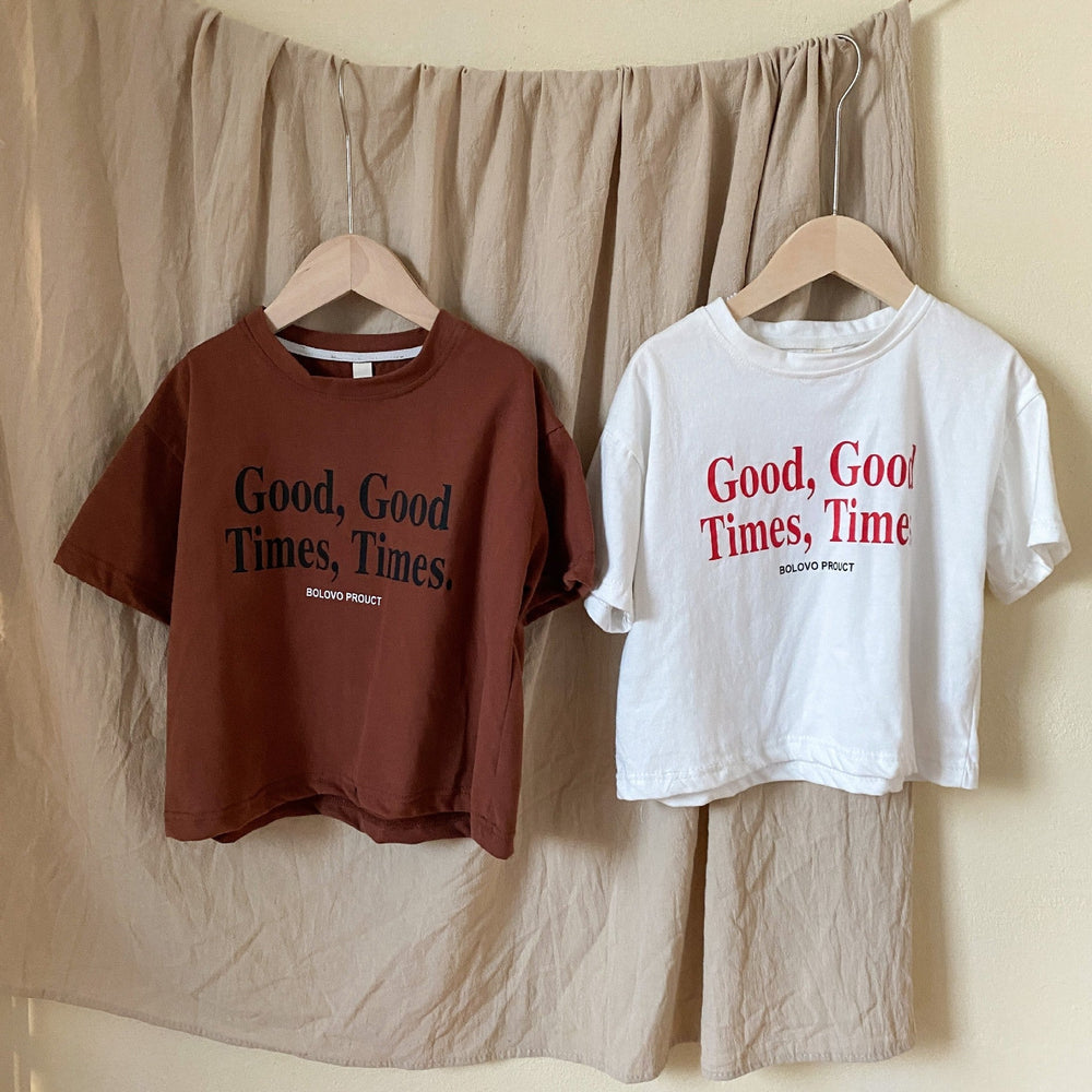 T-shirt med "Good Times"-tryck – Lumi & Loom Unisex, Brun/Vit, Bomull, Storlek 0–8 år