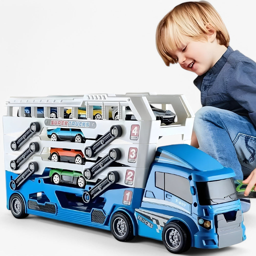 Leksaksbiltransport med 6 racerbilar – lastfunktion, utan batterier | lastbil