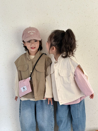 Väst med knäppning – Explorer Unisex, Beige/Brun, Bomull, 0–8 år