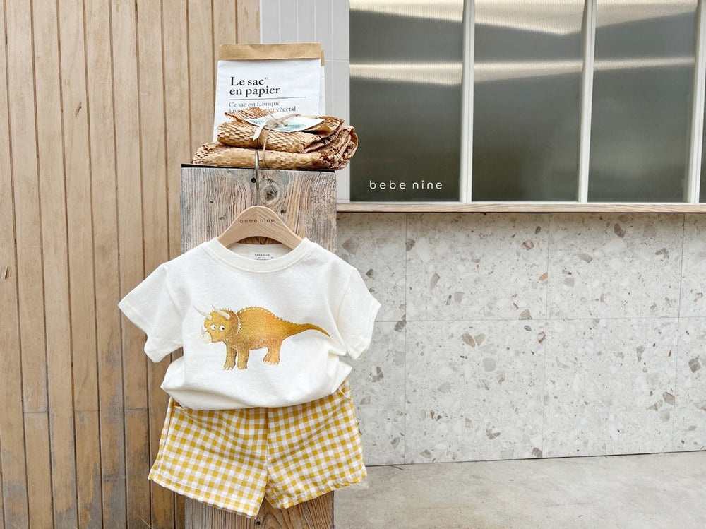 Mavino Dino Daze Set – Sommarset Småbarn 1–7 år – T-shirt + Rutig Shorts – 100 % Bomull – Unisex – Dino-tryck