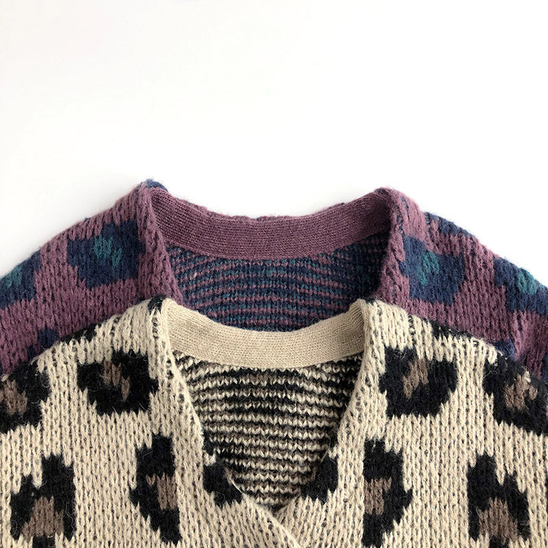 Stickad Kofta med Leopardmönster – Flicka, Beige/Lila, Bomull, Storlek 0–6 år