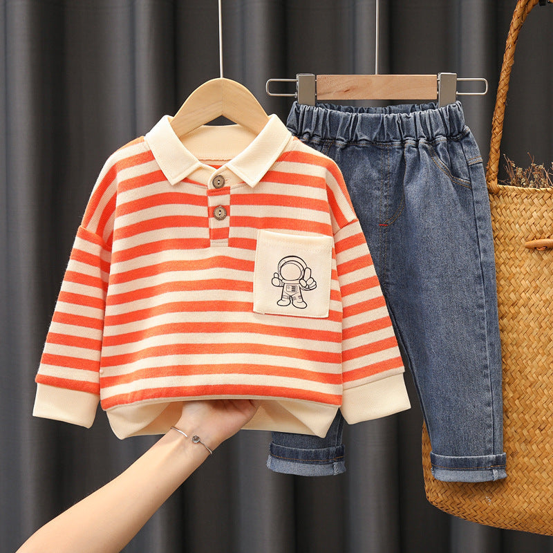 Set med Randig Tröja och Jeans – Astronaut Little Voyager Pojkar, Röd/Blå/Svart, Bomull, Storlek 0–5 år