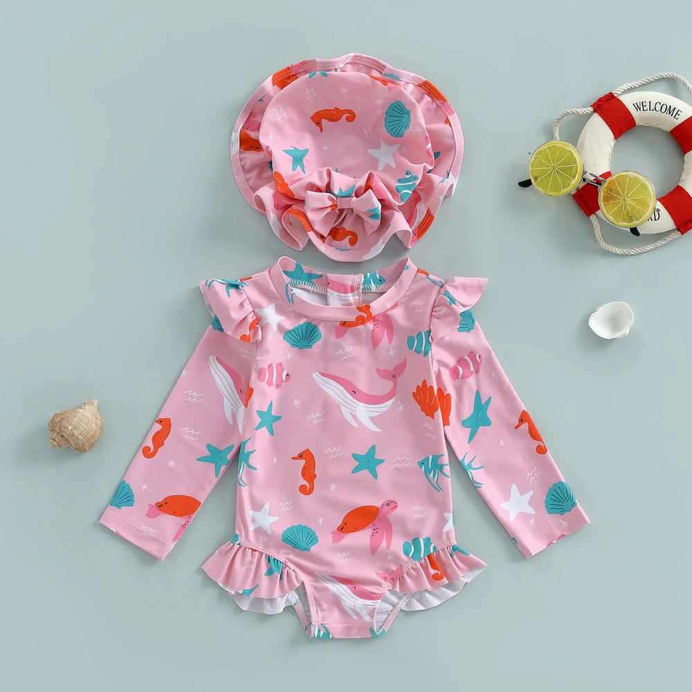 Baby Flicka UV Baddräkt med Solhatt – Långa Ärmar | 6M-3 år