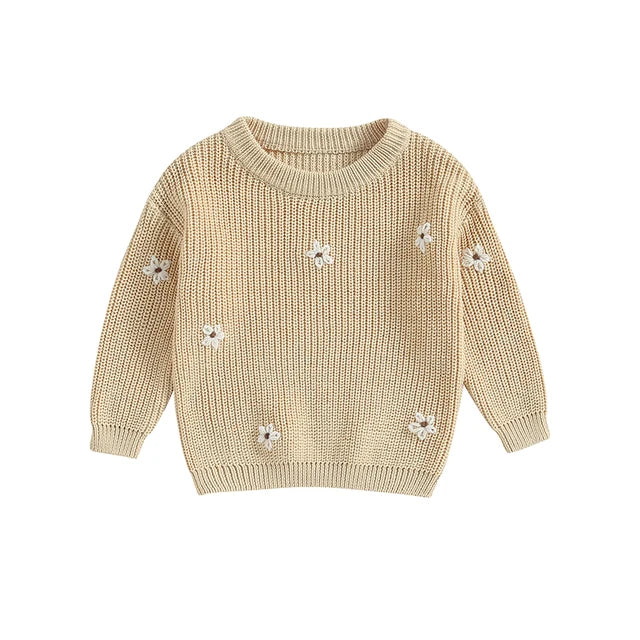 Stickad Tröja med Blommor – Flickor, Beige/Grön/Grå/Lila/Rosa, Bomull, Storlek 0–6 år