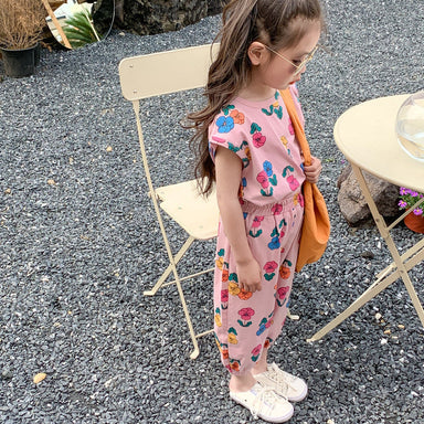 Floree Sommarset Barn – 2-delad bomullsoutfit med blommönster – T-shirt och byxor – Flicka/Baby/Småbarn – Storlek 0–8 år