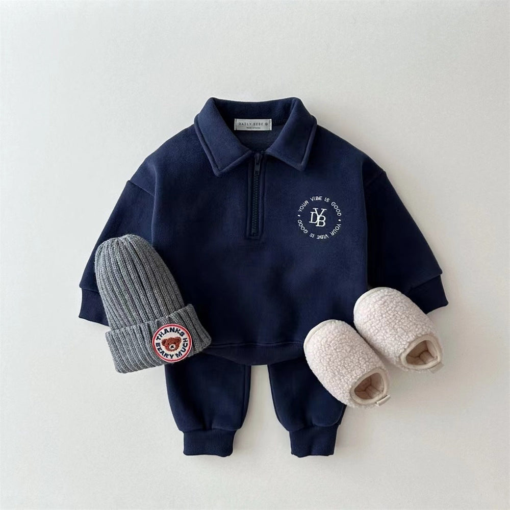 Set med Byxa och Tröja – Vinterlyx Pojkar, Vit/Grå/Blå, Bomull, Storlek 0–5 år