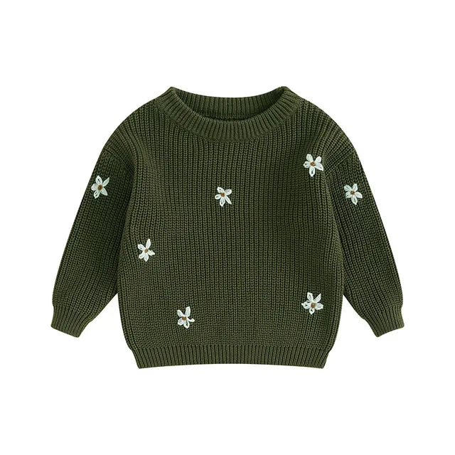 Stickad Tröja med Blommor – Flickor, Beige/Grön/Grå/Lila/Rosa, Bomull, Storlek 0–6 år