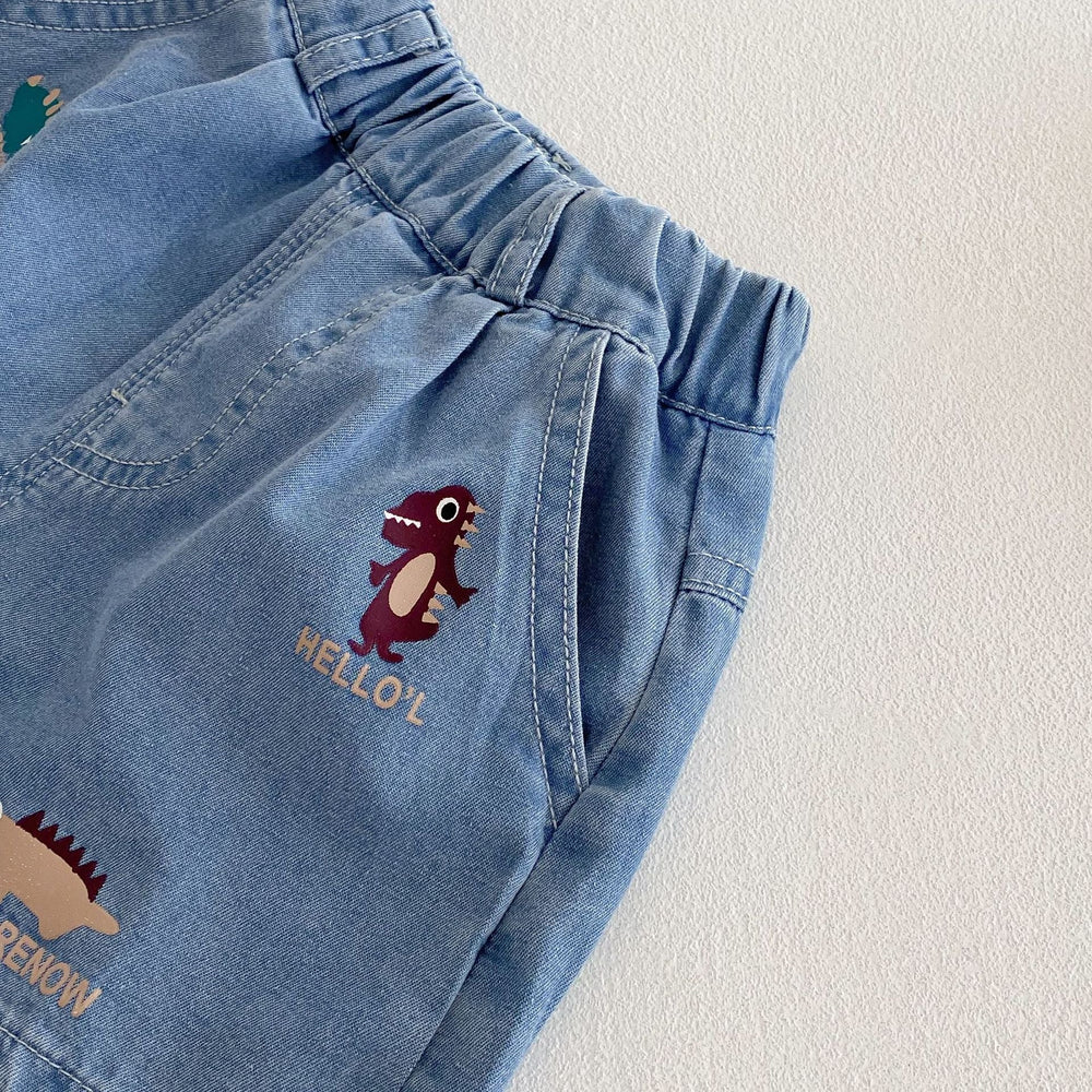 Kort Jeansbyxa med Resår och Dinosaurietryck – Baby, Småbarn, Förskolebarn, Ljusblå, Bomull/Denim, Storlek 0–5 år