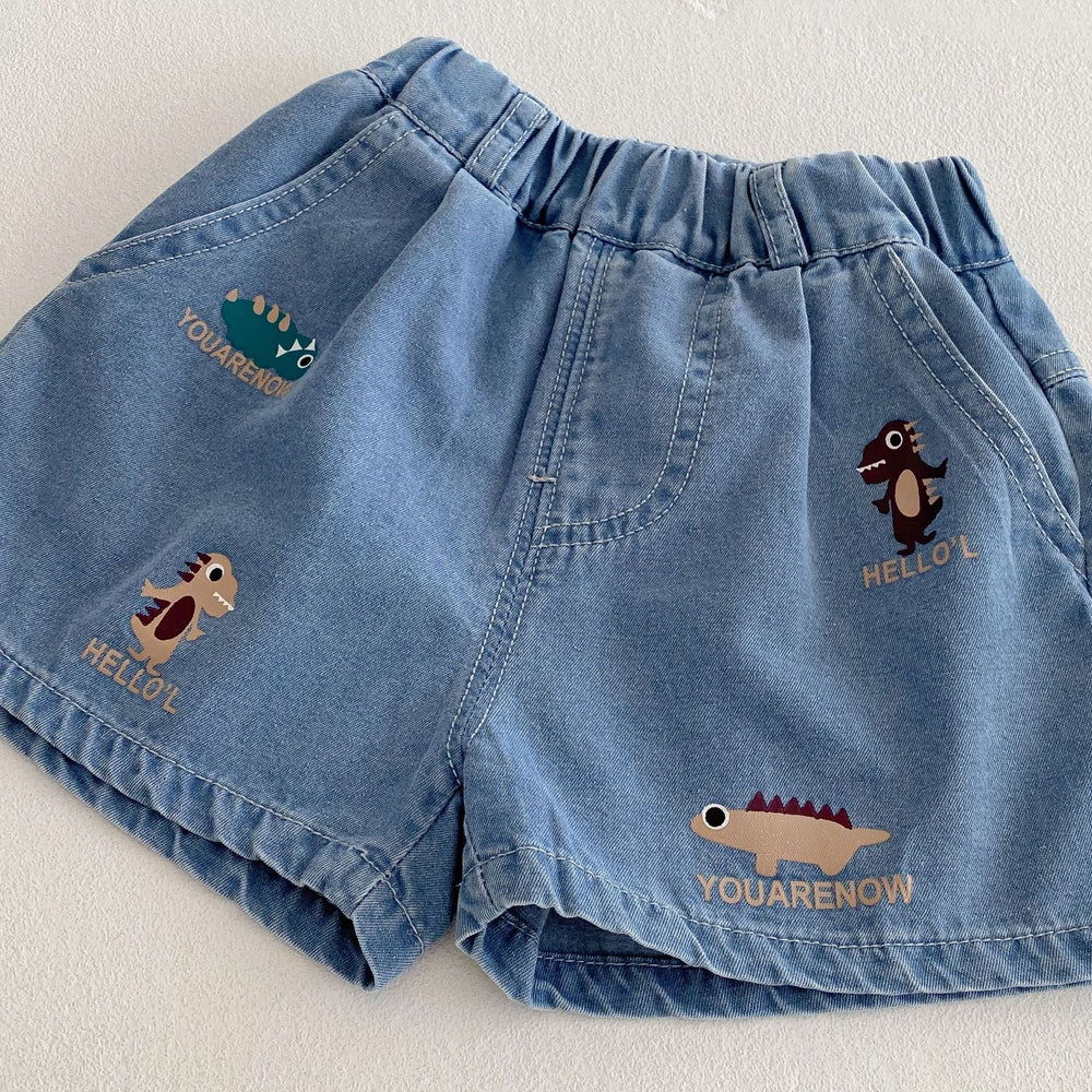 Kort Jeansbyxa med Resår och Dinosaurietryck – Baby, Småbarn, Förskolebarn, Ljusblå, Bomull/Denim, Storlek 0–5 år