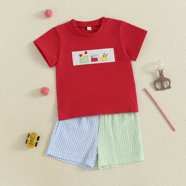 Schooltrain Sommarsätt för Pojkar | Röd T-shirt med Tågmönster & Randiga Shorts | Bomull & Polyester | 2–6 år | Somrig Lekoutfit