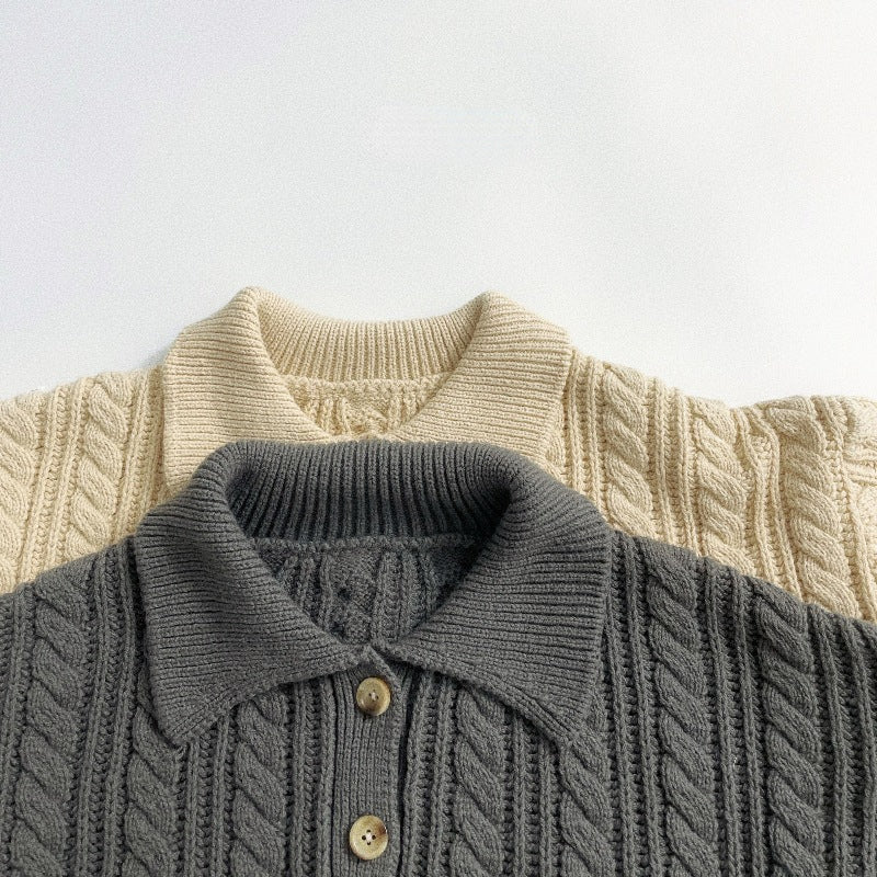 Stickad Tröja med Flätmönster – Pyi Unisex, Beige/Grå, Bomull, Storlek 0–6 år