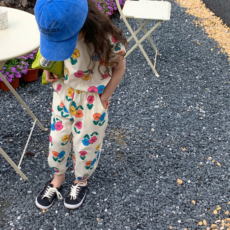 Floree Sommarset Barn – 2-delad bomullsoutfit med blommönster – T-shirt och byxor – Flicka/Baby/Småbarn – Storlek 0–8 år