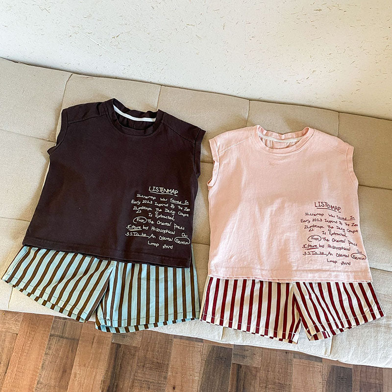 Sommarklädset med Randiga Shorts + T-shirt – Tula Unisex, Rosa/Brun, Bomull, Storlek 0–8 år