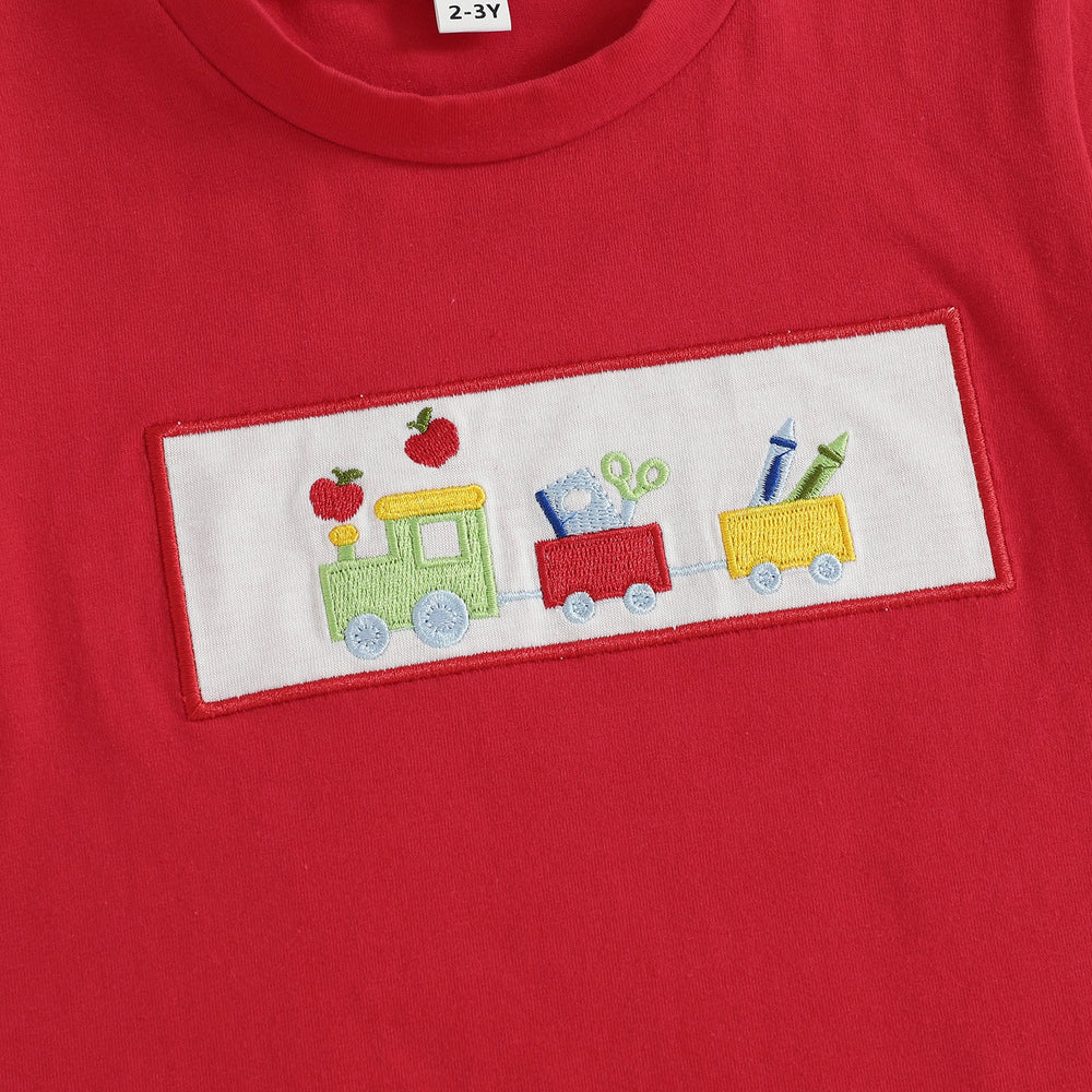 Schooltrain Sommarsätt för Pojkar | Röd T-shirt med Tågmönster & Randiga Shorts | Bomull & Polyester | 2–6 år | Somrig Lekoutfit