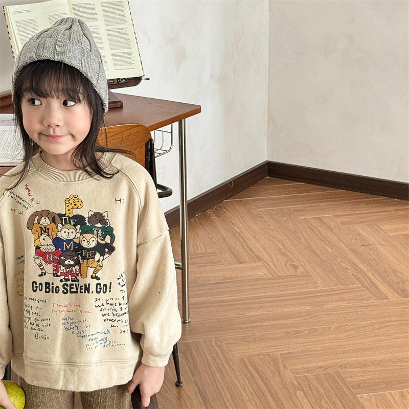Tröja med tryck – FunCrew Unisex, Blå/Grå/Beige, Bomull, Storlek 0–6 år