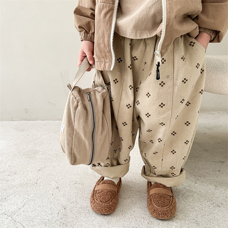 Baggybyxa med Tryck – Mila Bloomers Unisex, Brun/Beige, Bomull, Linne, Storlek 0–6 år