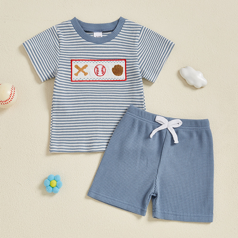 Baseball Stripe Sommarsätt för Baby & Småbarn | Stickad T-shirt & Shorts | Knit Bomull | 0–3 år | Sportig Look för Pojkar