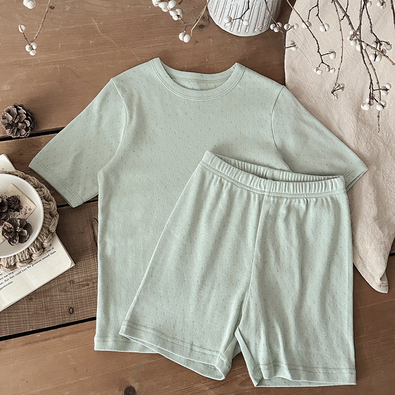 Unisex sommarset i ribbad bomull för baby och småbarn – T-shirt + shorts – Bomull – Little Loom – Gul, Grå, Blå, Rosa, Grön – Storlek 0–4 år