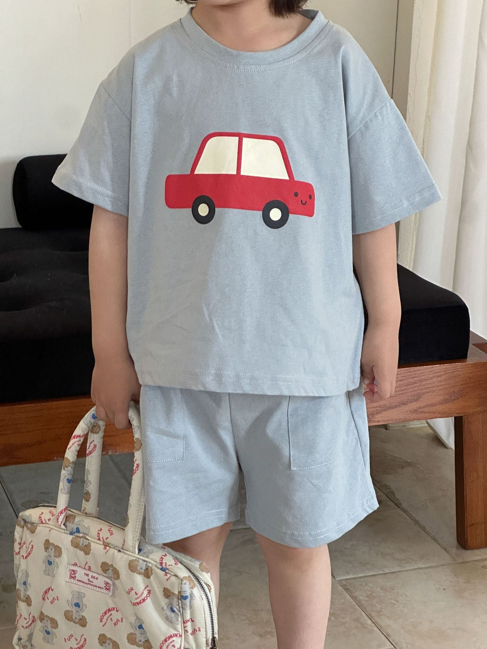 T-shirt och Shorts Sommarset – VroomVibes Unisex, Blå/Beige, Bomull, Storlek 0–8 år