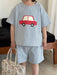 T-shirt och Shorts Sommarset – VroomVibes Unisex, Blå/Beige, Bomull, Storlek 0–8 år